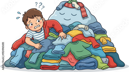 Confused Boy Buried Under Mountain of Laundry Clothes.
