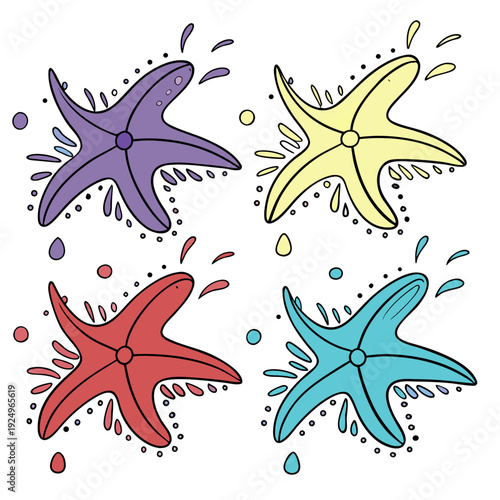 Four colorful cartoon-style starfish arranged symmetrically. Each one is a different color purple, yellow, red, and blue and surrounded by playful splashes and dots in matching tones.