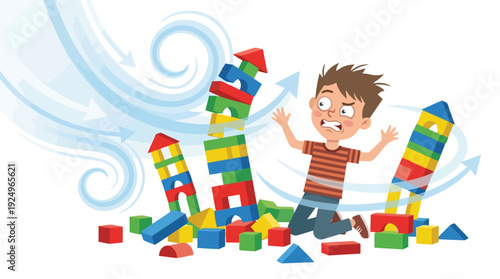 Young boys block tower collapsing due to strong wind, expressing frustration and surprise.