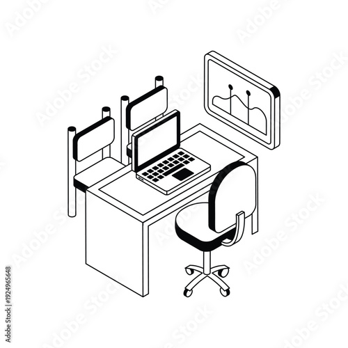 Isometric Office Desk Setup with Laptop and Multiple Chairs.