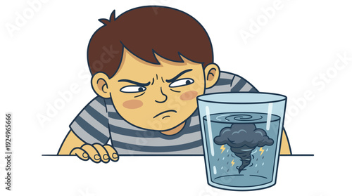 Young boy looking with disgust at a glass of dirty water.