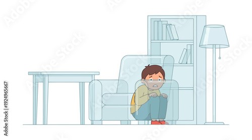Young boy hiding in fear, expressing anxiety and vulnerability.