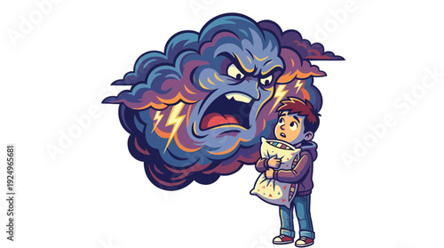 Child Frightened by Angry Storm Cloud with Lightning.