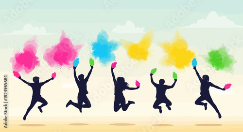 Group of people celebrating with colored powder in the air