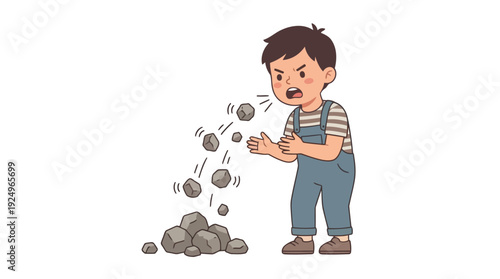 Angry Boy Throwing Rocks in a Fit of Rage.