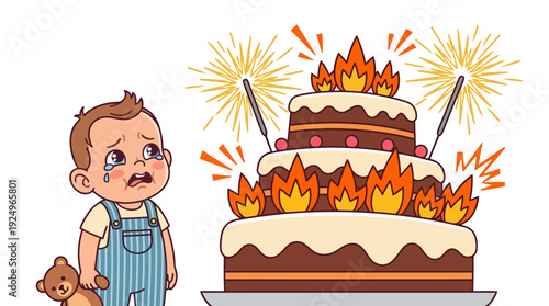 Crying Baby Boy Next to Burning Birthday Cake with Sparklers.