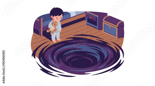 Small Child Standing Beside a Dark Swirling Hole in the Floor.