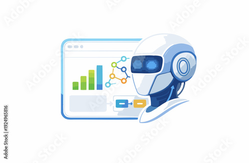 Robot Analyzing Data on Computer Screen.
