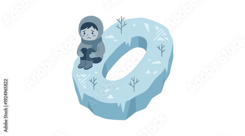 Sad Child Dressed in Warm Clothes Sitting on a Large Ice Number Zero.