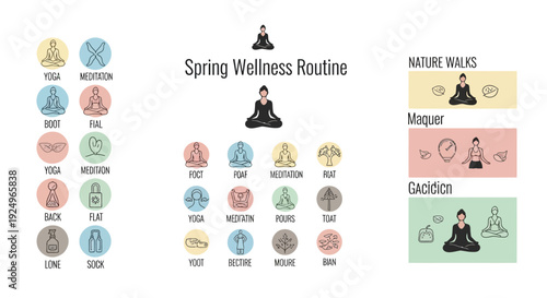 Spring wellness routine illustrations showcasing various yoga poses and meditation techniques in a serene environment from a top viewpoint