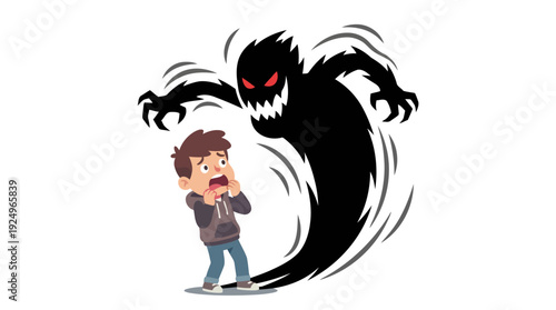 Young boy terrified by a menacing shadow monster representing fear and anxiety.