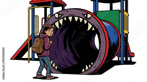 Young child approaches a scary monster-like playground tunnel structure with trepidation.