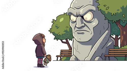 A small child stands before a large, imposing stone statue with glowing eyes, creating a sense of wonder and slight apprehension.