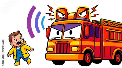 Young boy scared by loud fire truck siren sound.