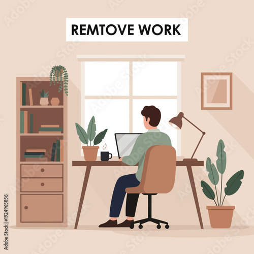 Man working remotely on laptop at home office desk near window with plants and bookshelves