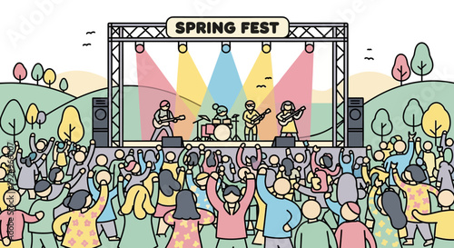 Vibrant crowd enjoying live music at outdoor Spring Fest celebration from a high viewpoint