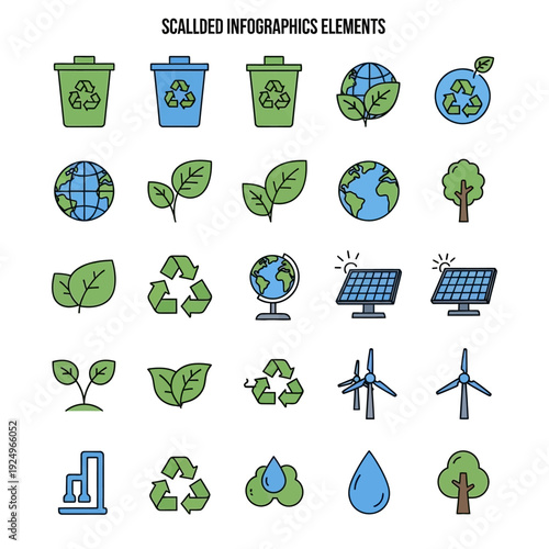 Collection of Scaled Infographics Elements Illustrating Eco-Friendly Practices and Renewable Energy Sources
