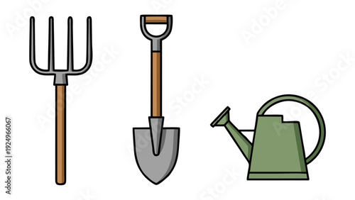 Set of Essential Garden Tools Pitchfork Shovel and Watering Can Illustration