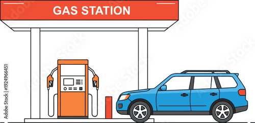 Blue SUV parked at a gas station with orange fuel pump and canopy vehicle automobile