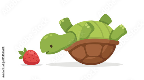 Cute Green Turtle Upside Down with Red Strawberry Cartoon Illustration.
