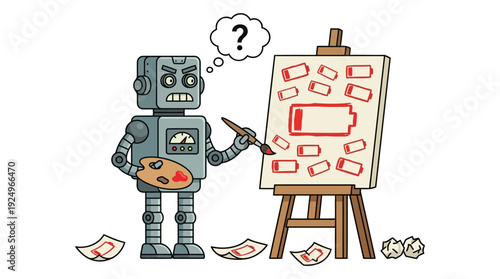 Robot Artist Painting Low Battery Icons on an Easel.