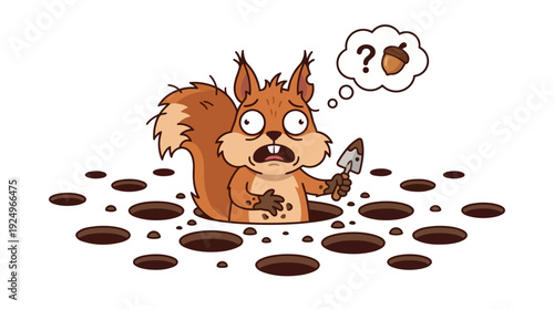 Confused Squirrel Searching for Acorns in Many Holes.