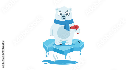 Sad Polar Bear on Melting Ice Floe with Hair Dryer.