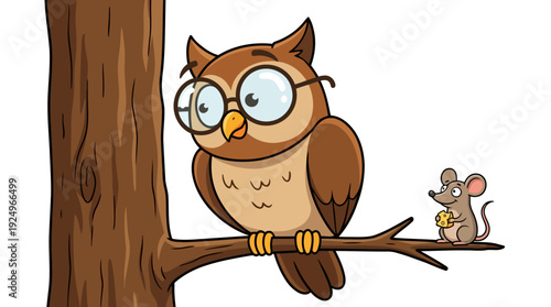 Wise Owl with Glasses Perched on a Branch.