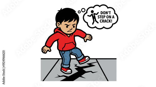 Young boy carefully avoiding stepping on a sidewalk crack.