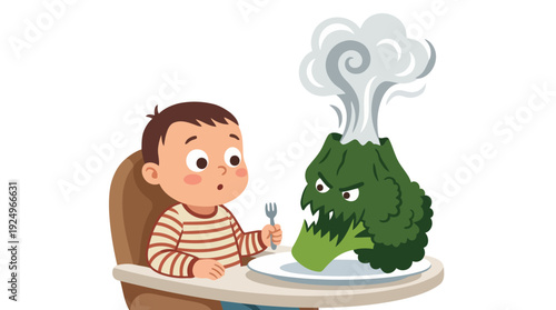 Young child in high chair looking at angry broccoli monster on plate.