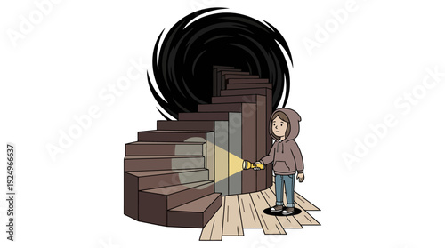 Child Exploring Dark Staircase with Flashlight.