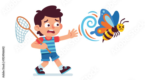 Young boy with net scared by angry bee butterfly hybrid flying.