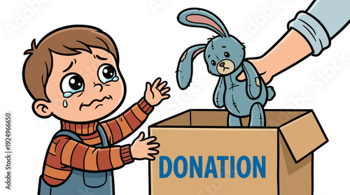 Crying Boy Donating Toy Rabbit to Charity Box.