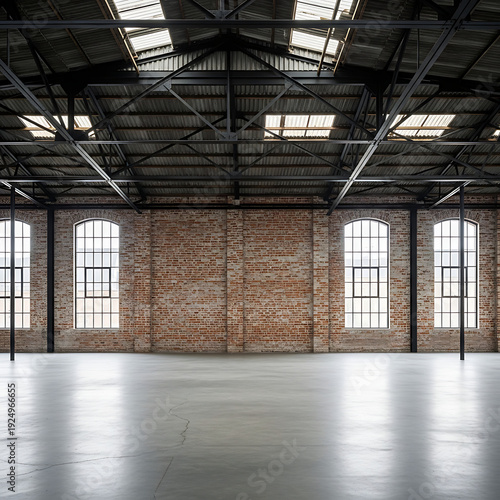 Empty industrial warehouse interior with exposed brick walls concrete floor and large arched windows perfect for commercial space or storage concepts