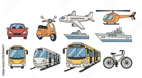 A collection of various transportation modes illustrated on a white background.