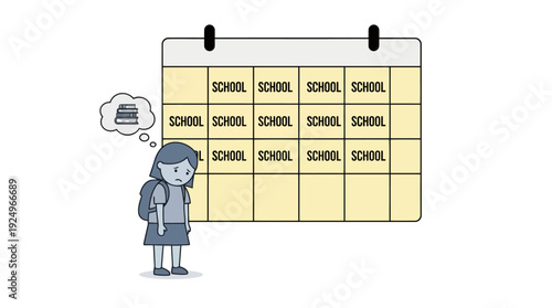 Sad Schoolgirl Contemplating School Calendar Schedule.