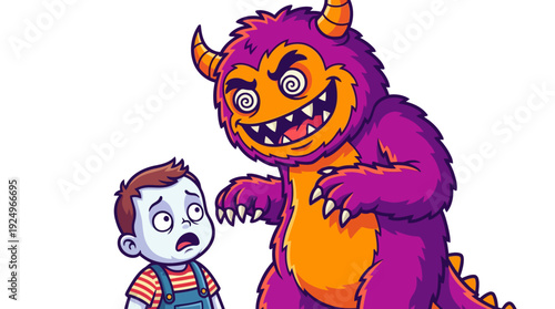 Purple Monster Frightening Small Child Illustration.