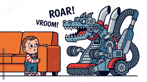 Little boy scared of a vacuum cleaner monster.