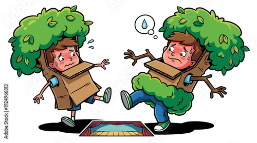 Two boys dressed as trees, one is sad and thinking about water, environmental concept.