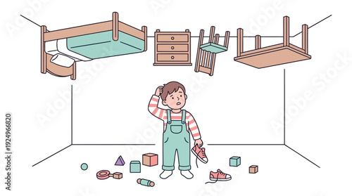 Confused child in an upside-down room with furniture on the ceiling.