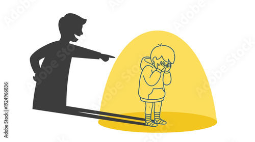 Child Cowering from Aggressive Shadow of Adult Figure Pointing and Yelling.