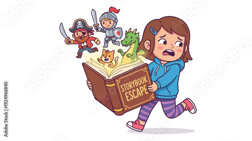 Little Girl Running Away From Storybook Characters Escaping from Book.