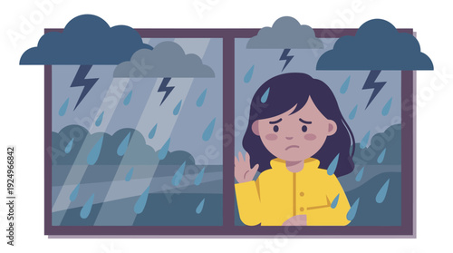 Sad Young Woman Looking Through Window at Rainy Weather.