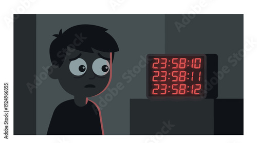 Anxious young man watching a digital clock countdown in the dark.