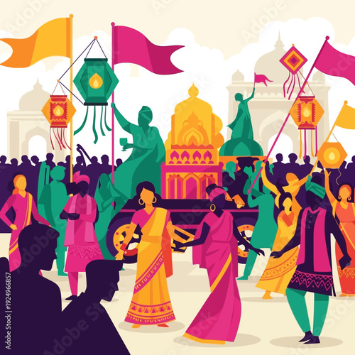 Vibrant cultural procession with traditional dancers and ornate float in festive illustration