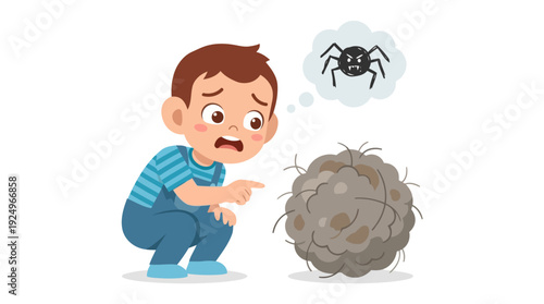 Young Boy Scared of Dust Bunny and Imagining a Spider.