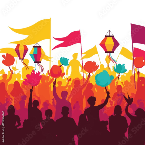 Vibrant crowd waving colorful flags and kites in a festive celebration atmosphere from a rear viewpoint