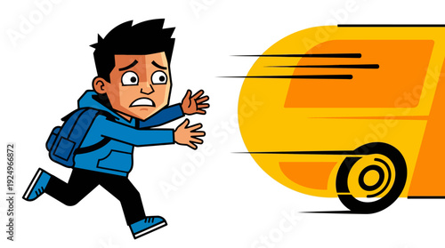 Young Boy Chasing School Bus, Running Late for Education.