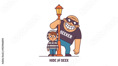 Man and Child Playing Hide and Seek Game Cartoon Illustration.