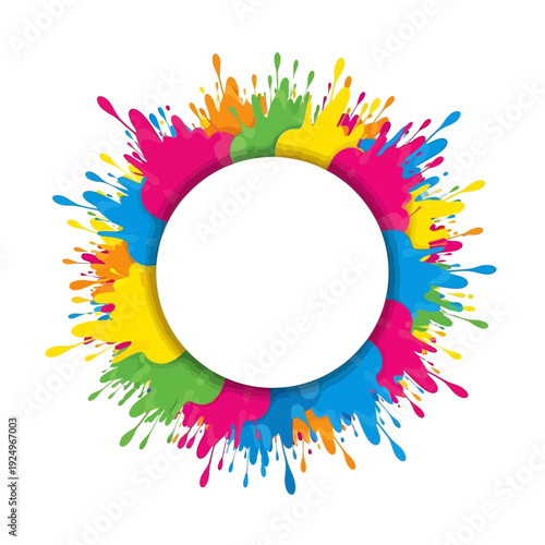 Vibrant paint splatters forming a circular frame around a blank space viewed from directly above